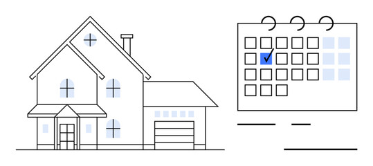 Large two-story home, garage, windows, and chimney next to a calendar with marked day. Ideal for planning, appointments, real estate, scheduling time management home purchase mortgage. Flat simple
