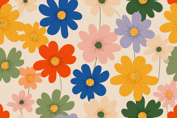 Obraz premium 70s Retro Floral Pattern � Groovy Daisy Flowers in Vibrant Vintage Y2K Style