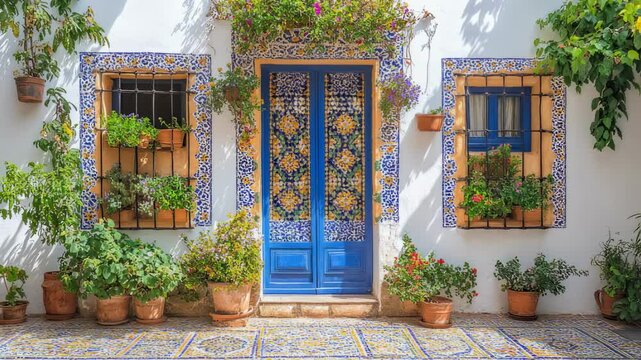 Charming courtyard with floral decorations and ornate tiled features in Europe