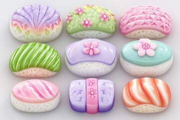 Pastel Colored Stylized Sushi with Floral and Geometric Designs