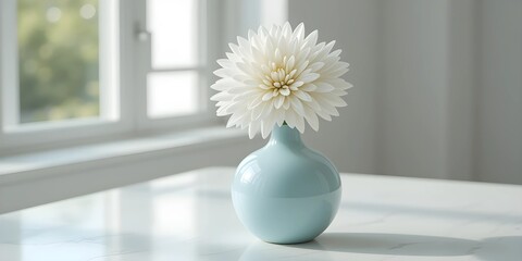 Elegant White Dahlia Flower in Light Blue Ceramic Vase on Marble Table with Soft Natural Light from Window