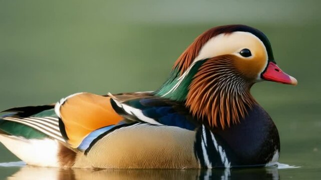 Mandarin duck colorful plumage closeup, exotic bird standing near water with vibrant feathers and reflection elegant nature wildlife concept  hd video download