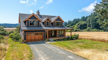 Rustic farmhouse style home on a sunny meadow.