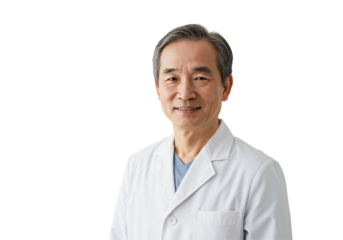 Portrait of a smiling senior Asian male doctor in a white lab coat, looking confidently at the camera. Experienced healthcare professional, medical expert isolated on a transparent background.