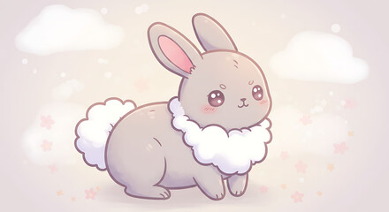 Adorable Fluffy Gray Bunny Rabbit Cartoon Illustration Kawaii Style Soft Pastel Colors Spring