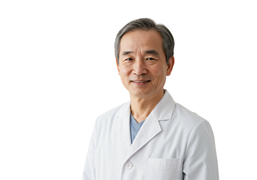 Portrait of a smiling senior Asian male doctor in a white lab coat, looking confidently at the camera. Experienced healthcare professional, medical expert isolated on a transparent background.