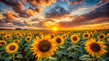Obraz premium An expansive field of sunflowers glows under a vibrant sunset sky. 