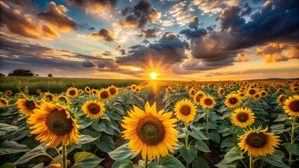 Fototapeta premium A sunflower field bathed in the warm glow of a sunset under a dramatic sky. 