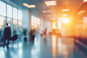 Soft Focus Image of a Contemporary Business Lobby at Sunset with Silhouetted Figures and Warm Light Filtering Through Large Windows