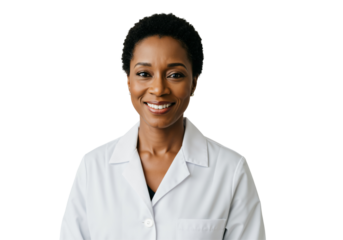 Portrait of a smiling adult African American female doctor in a white lab coat, looking directly at the camera. Healthcare professional, scientist, or researcher on an isolated transparent background.