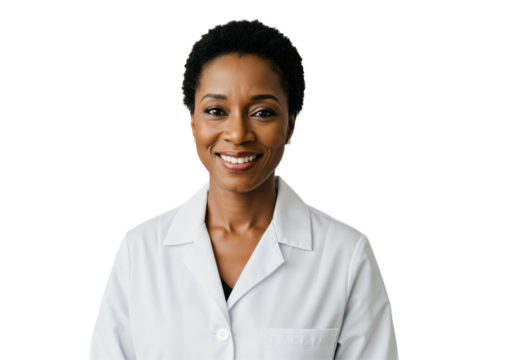 Portrait of a smiling adult African American female doctor in a white lab coat, looking directly at the camera. Healthcare professional, scientist, or researcher on an isolated transparent background.