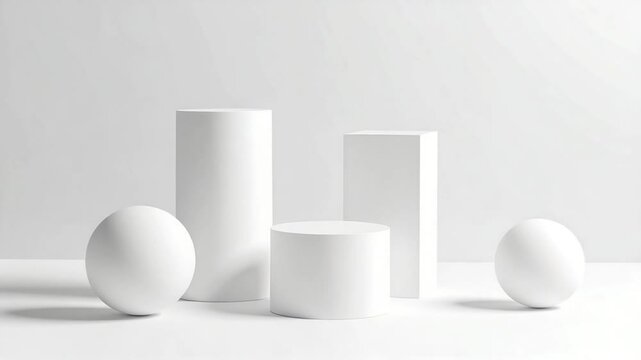Geometric shapes, minimalist design composition, emphasizing simple forms. The image presents an arrangement of a sphere, cylinder, and cuboid