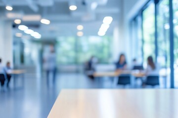Abstract Soft Focus Image of a Bright Modern Office Environment with People Collaborating at Tables and Natural Light Flowing Through Large Windows, Creating a Spacious and Airy Atmosphere