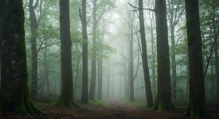 Fototapeta premium Mysterious Foggy Forest Path Green Trees Mossy Trunks Nature Scene