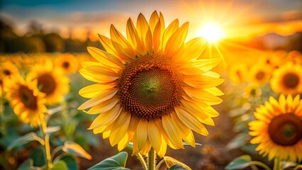 Obraz premium Close-up of a bright sunflower in a sunlit field under a blue sky. 