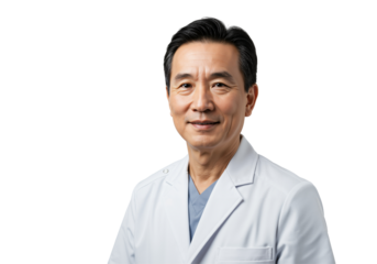 Portrait of a smiling middle-aged Asian male doctor in a white lab coat and scrubs, looking confidently at the camera. Healthcare professional isolated on transparent background.