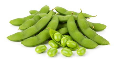 A handful of bright green edamame pods, some slightly open showing the beans, scattered on a stark white background