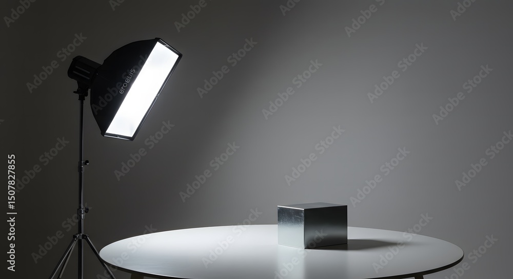 Aufkleber illuminated cube on round table softbox lighting setup professional studio metal block light and sha