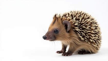 Obraz premium Brown hedgehog on pure white backdrop, sharp focus on quills, spines, day, photography