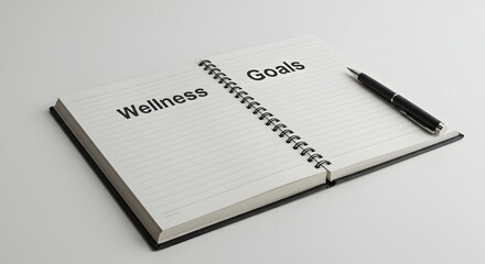 An open, blank notebook with "Wellness Goals" written in simple script on the first page, pen beside it, on a pristine white background