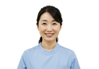 Portrait of a smiling Asian woman, a healthcare professional in blue scrubs. Friendly adult female nurse or doctor looking directly at the camera, isolated on a transparent background.