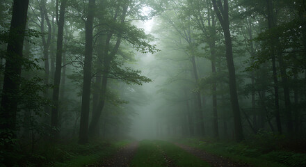 Naklejka premium Mysterious Foggy Forest Path Serene Nature Trail Lush Green Trees Misty Woodland Scene