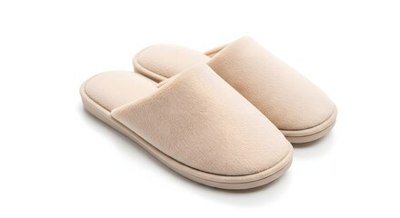 A pair of soft, fluffy slippers in a light color, neatly placed together on a clean white background