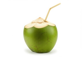 Green coconut with straw isolated on white background