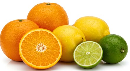 Fresh orange and lime fruits with juicy slices on a white background