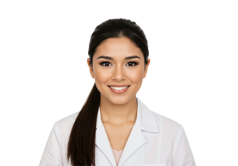 Young smiling female doctor or scientist in a white lab coat, a professional healthcare worker with dark hair in a ponytail. Headshot portrait isolated on a transparent background, looking at camera.
