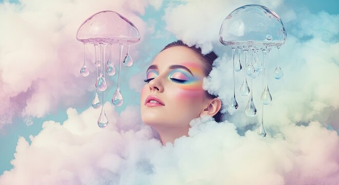 Dreamy portrait of a woman surrounded by fluffy clouds and shimmering jellyfish-like structures. The woman has colorful makeup and is surrounded by pastel hues and ethereal lighting.