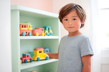 happy boy organizing toys in pastel room child independence