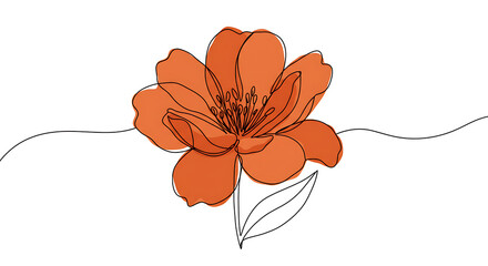 Elegant Single Line Drawing of a Burnt Orange Flower with Leaves