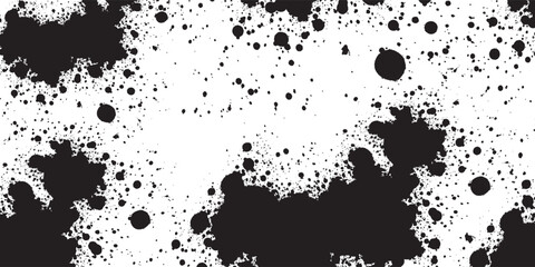 Paint splatter sprinkle seamless pattern with ink drops and dots. Black messy splashed ink backdrop. Monochromatic sprinkled watercolor dribble drizzle texture. Dirty spatter drops on white background