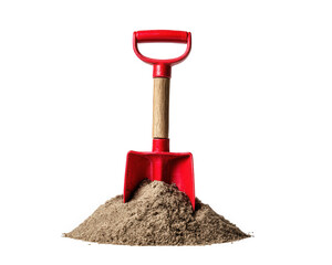 Red shovel is placed upright in mound of sand, creating striking visual contrast. shovel wooden handle adds natural touch to vibrant color of tool, making it eye catching image