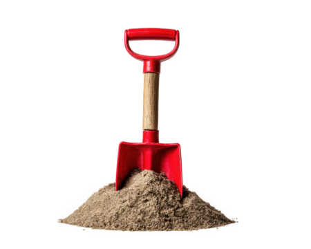 Red shovel is placed upright in mound of sand, creating striking visual contrast. shovel wooden handle adds natural touch to vibrant color of tool, making it eye catching image