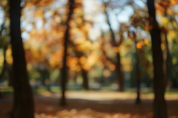 Warm Abstract Bokeh of Autumn Leaves and Sunlight Filtering Through Trees, Creating a Golden and Blurry Background with a Natural and Serene Fall Atmosphere, Ideal for Seasonal Designs