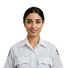 Portrait of a young smiling Indian female paramedic in a white uniform, looking confidently at the camera. Professional healthcare worker isolated on a transparent background.