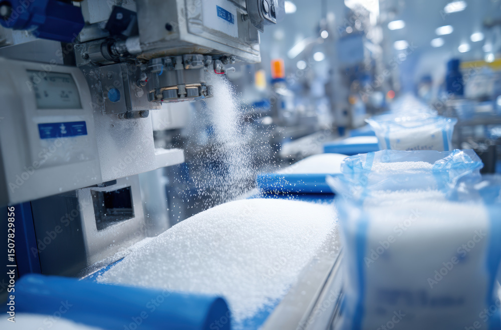 Poster automated machinery factory processes sugar, creating clean and efficient production line. scene cap