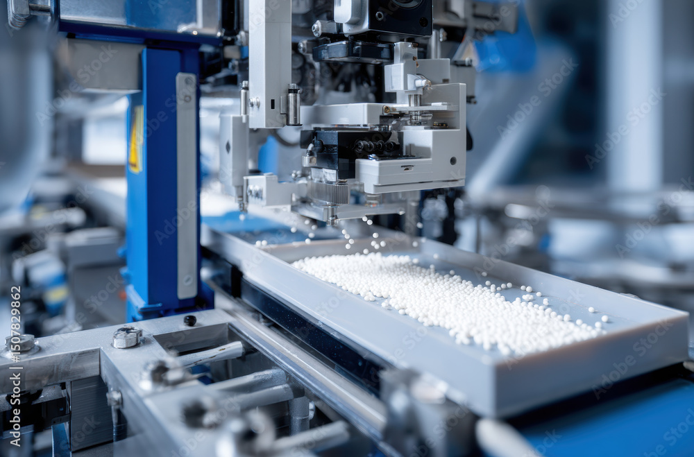 Poster automated machinery in factory setting efficiently processes small white pellets, showcasing advance