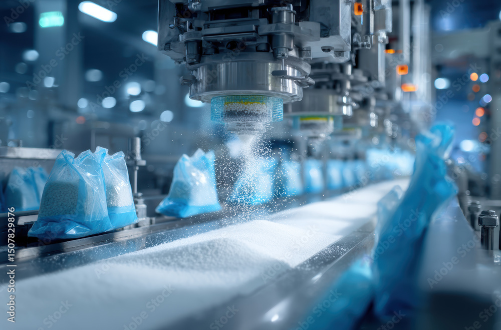 Poster automated packaging machine filling sugar bags in factory setting, showcasing precision and efficien