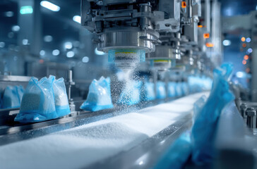 Automated packaging machine filling sugar bags in factory setting, showcasing precision and efficiency in production