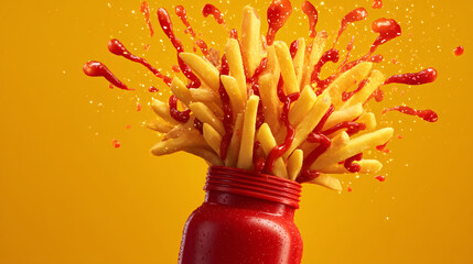 Splash of ketchup over golden French fries bursting from a red container against a vibrant yellow background, food concept.