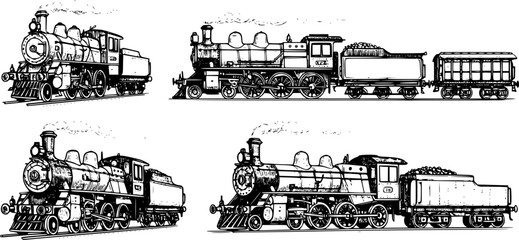 Obraz premium Set of Locomotive train silhouette, black and white silhouette, vector and illustration 