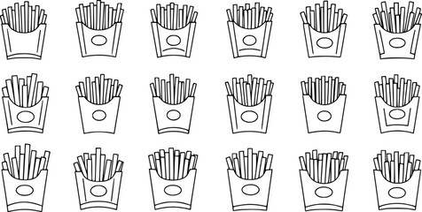 set of French fries line art, black outline, vector and illustration, coloring book page line art drawing
