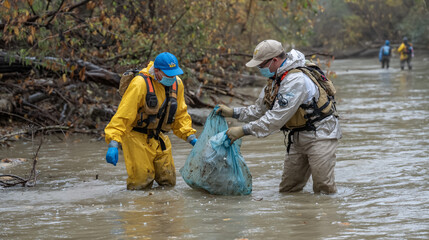 Naklejka premium Volunteers remove garbage from a polluted river.