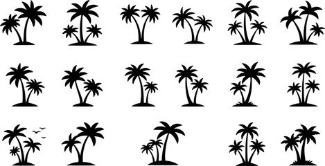 set of palm tree silhouette, black and white silhouette, vector and illustration
