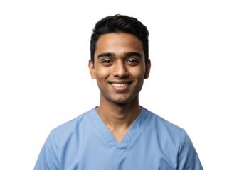Portrait of a young Indian male doctor or medical student in blue scrubs, smiling confidently. Healthcare professional isolated on a transparent background.