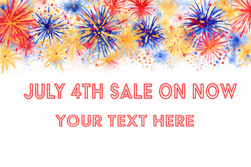 Painted red white blue and gold Fireworks for Fourth of July, Independence Day, New Years, sales flyers, party invitation, summer barbeque invite with copy space