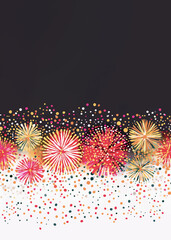 Red gold watercolor styke fireworks. Fourth of July, Independence Day, New Years 2026, flyer, invitation, social media banner. Dark sky negative space for text.